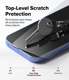 Google Pixel 10a Screen Protector | Easy Slide Tempered Glass - Smartphone with tempered glass screen protector and key on a white background, highlighting scratch protection.