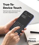 Google Pixel 10a Screen Protector | Easy Slide Tempered Glass - A person holds a smartphone with a blue protective case while pressing the on-screen keyboard. Large text reads 'True-To-Device Touch' and 'Thickness 0.