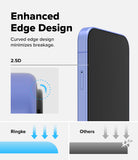 Google Pixel 10a Screen Protector | Easy Slide Tempered Glass - Promotional graphic for a smartphone edge design, showing a light purple phone with text reading 'Enhanced Edge Design' and '2.5D,' plus comparison graphics for Ringke and others showing impact resistance.