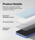 Google Pixel 10a Screen Protector | Easy Slide Tempered Glass - Product details graphic showing a smartphone with layered protective overlays labeled for oleophobic coating, 9H tempered glass, and shatterproof protection on a light gray background.