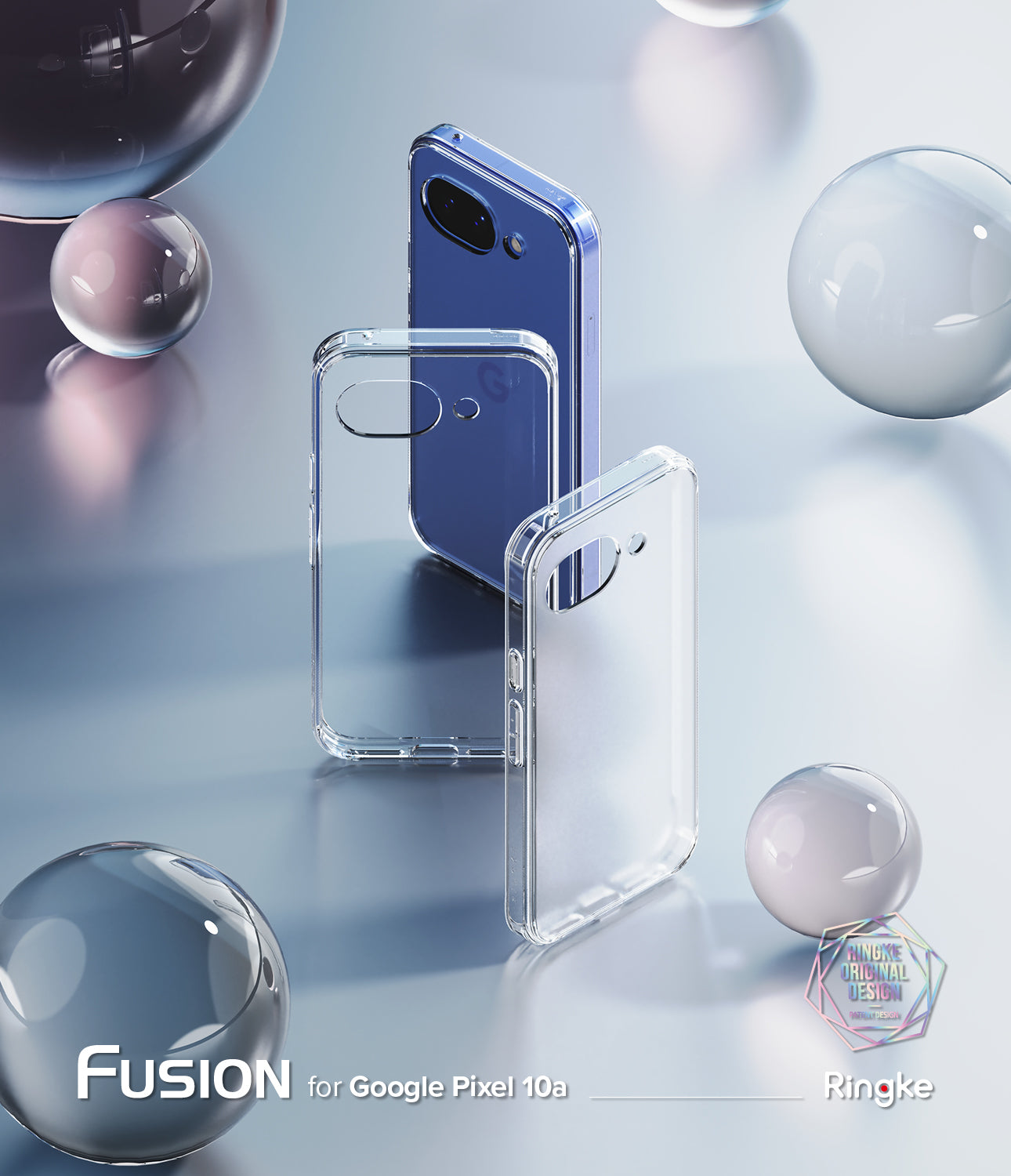 Ringke Fusion Matte Clear phone case for Google Pixel 10a on a reflective surface with floating spheres.