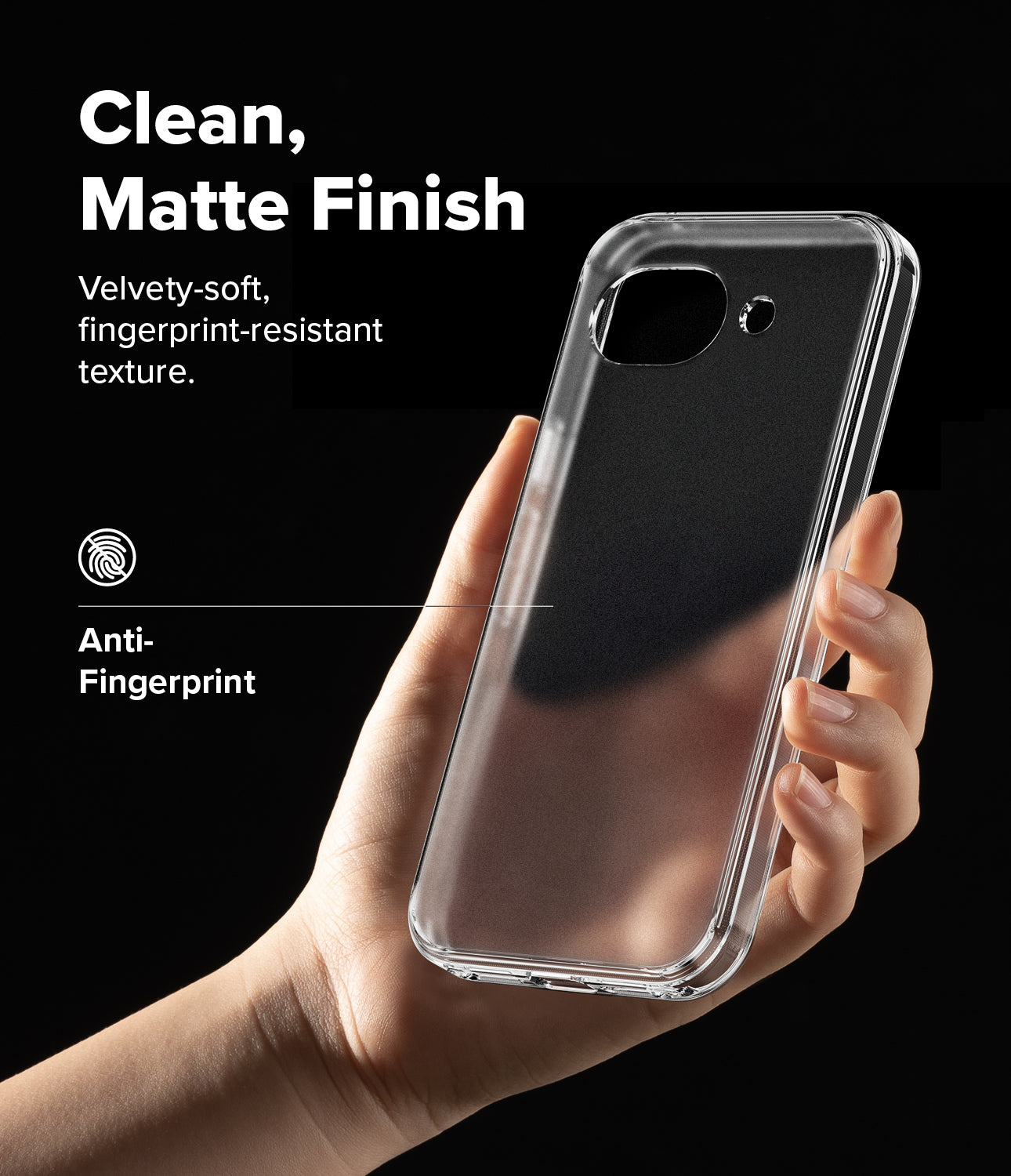 Ringke Fusion Matte Clear phone case for Google Pixel 10a held in a hand with text about its Matte finish and features on a black background