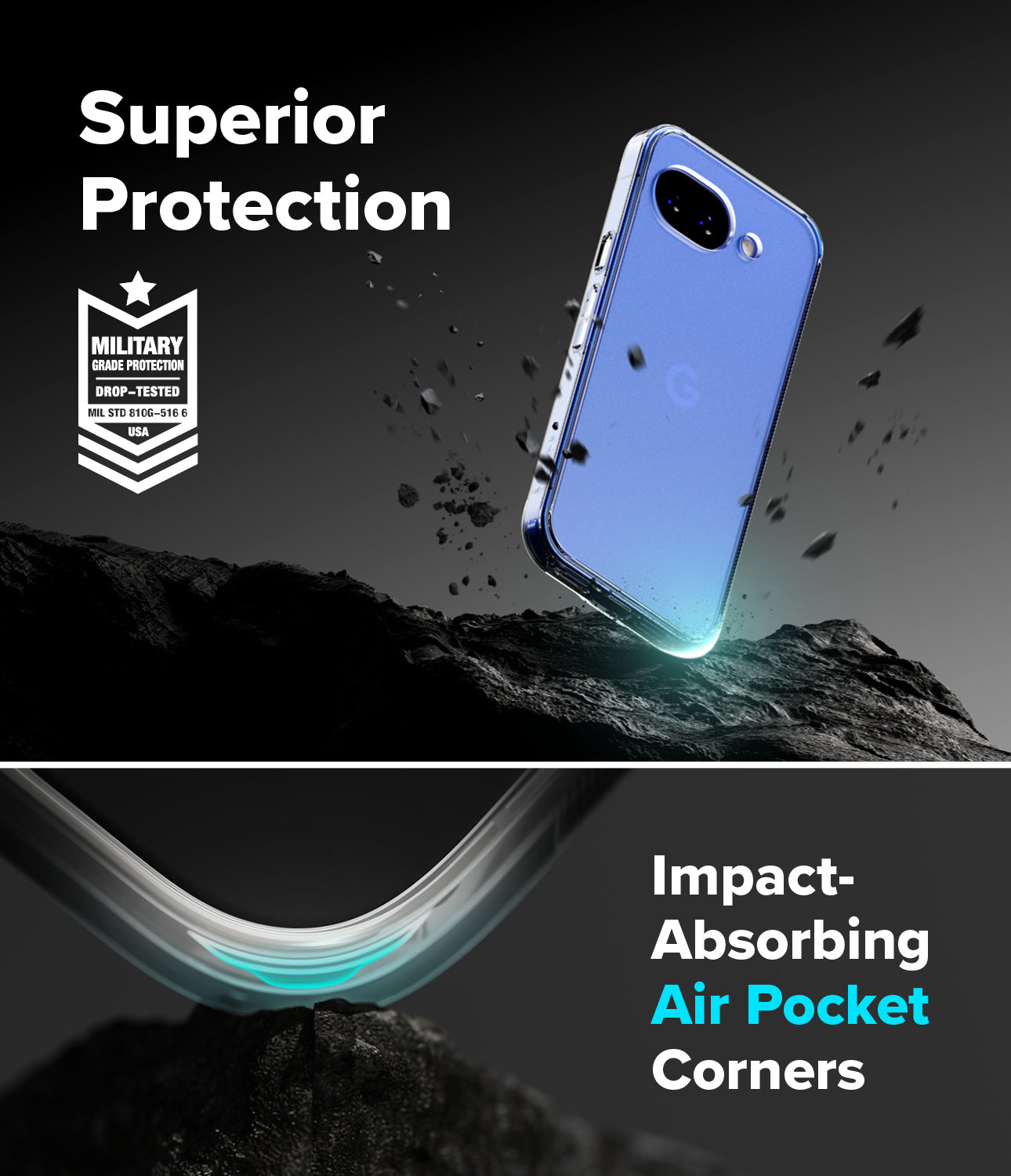 Google Pixel 10a with Ringke Fusion Matte Case with 'Superior Protection' and 'Impact-Absorbing Air Pocket Corners' text.