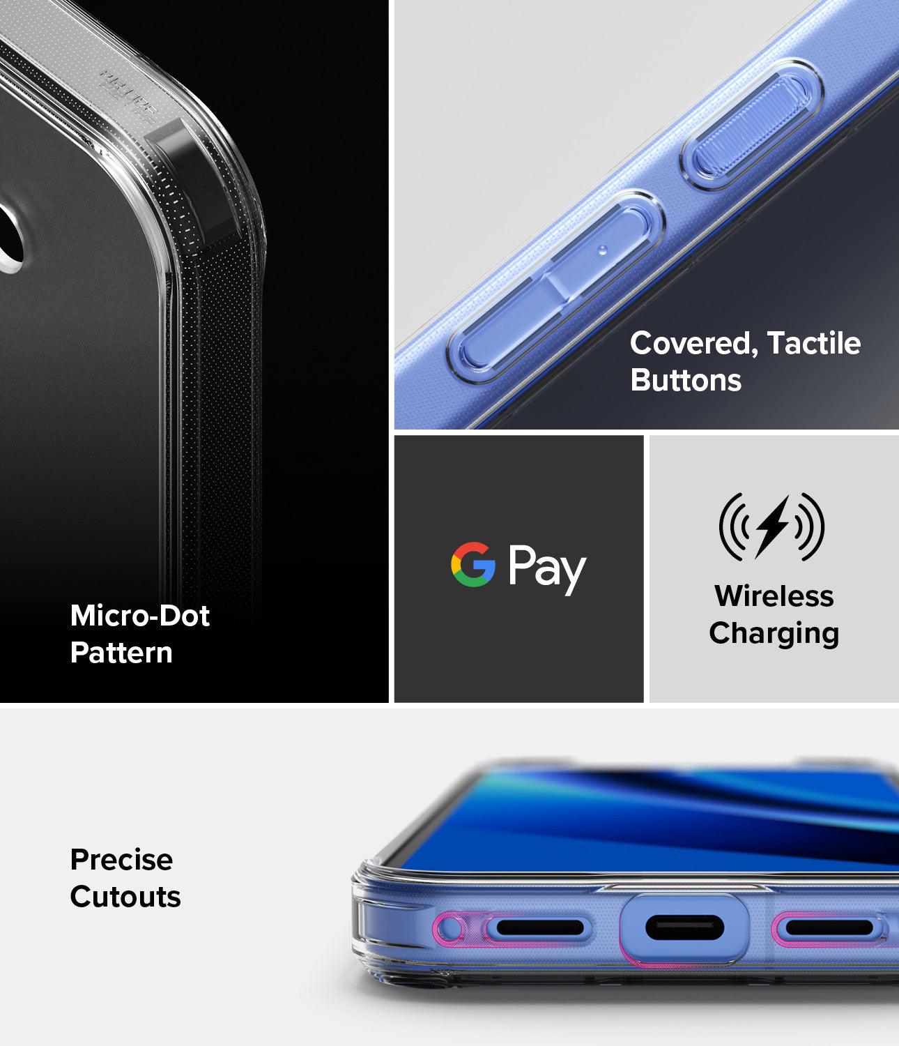 Google Pixel 10a in a Ringke Fusion matte case with features including micro-dot pattern, covered tactile buttons, Google Pay compatibility, wireless charging, and precise cutouts.