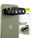 Pixel 11 Pro XL Camera Protector | Camera Full Cover Tempered Glass (2 Pack) - Ringke camera full cover tempered glass protector set shown installed on a smartphone, with the product packaging box visible behind it on a white background.