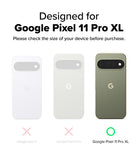 Pixel 11 Pro XL Camera Protector | Camera Full Cover Tempered Glass (2 Pack) - A compatibility graphic showing three phone back views labeled for Google Pixel 11 Pro XL, with the rightmost olive green phone marked correct with a green circle and the other two marked incorrect with pink X marks. Text at the top says the product is designed for Google Pixel 11 Pro XL and advises checking device size before purchase.