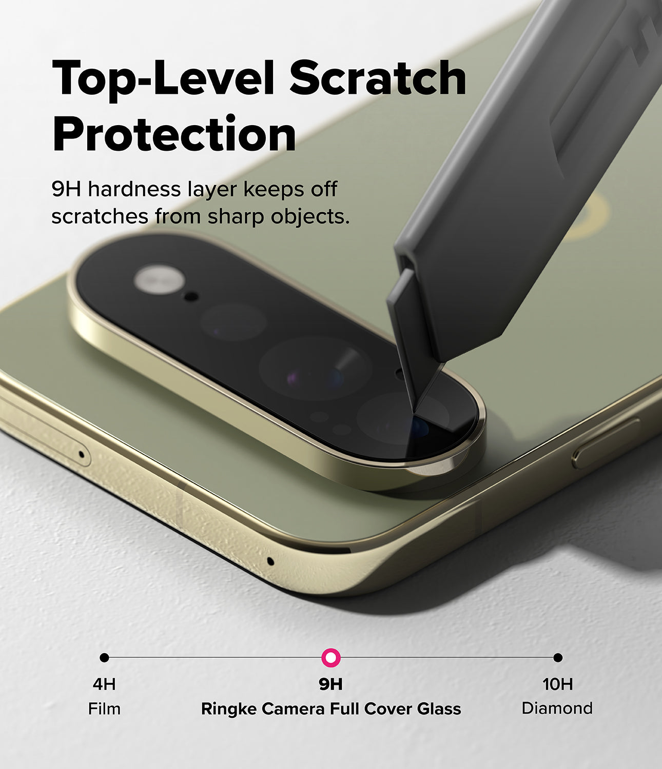 Pixel 11 Pro XL Camera Protector | Camera Full Cover Tempered Glass (2 Pack) - A close-up promotional graphic showing a smartphone with a raised camera bezel and a dark scratch-protection film applied. Large text reads 'Top-Level Scratch Protection' with smaller copy about a 9H hardness layer.