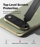 Pixel 11 Pro XL Camera Protector | Camera Full Cover Tempered Glass (2 Pack) - A close-up promotional graphic showing a smartphone with a raised camera bezel and a dark scratch-protection film applied. Large text reads 'Top-Level Scratch Protection' with smaller copy about a 9H hardness layer.