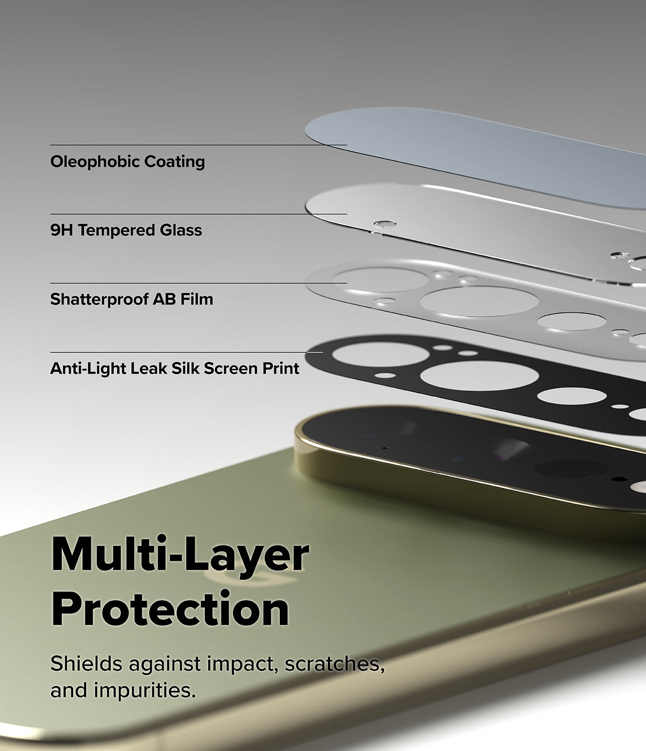 Pixel 11 Pro XL Camera Protector | Camera Full Cover Tempered Glass (2 Pack) - A close-up promotional graphic showing layered smartphone camera lens protectors and text callouts: Oleophobic Coating, 9H Tempered Glass, Shatterproof AB Film, and Anti-Light Leak Silk Screen Print. Large text reads 'Multi-Layer Protection' with a smaller supporting line about shielding against impact, scratches, and impurities.