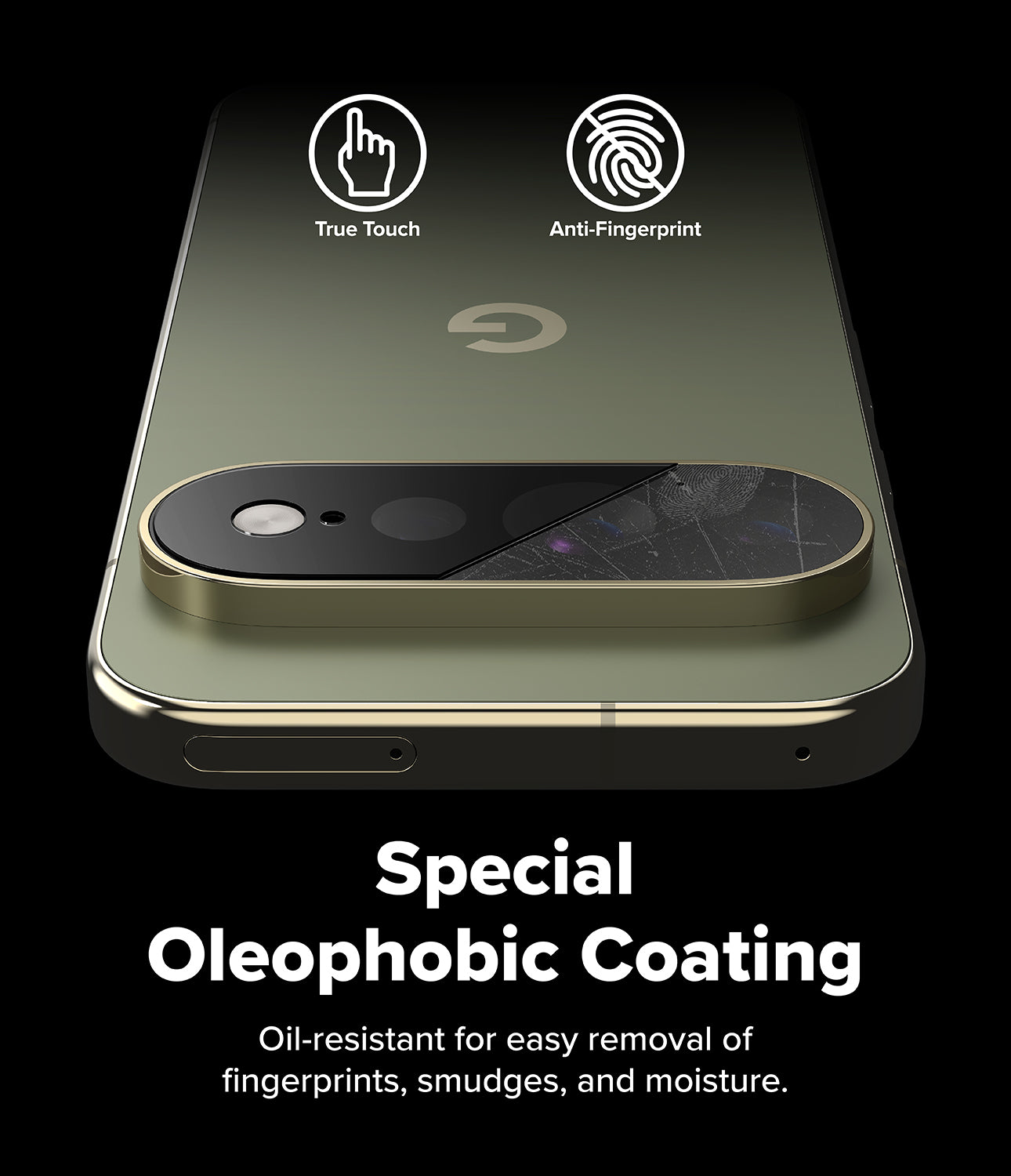 Pixel 11 Pro XL Camera Protector | Camera Full Cover Tempered Glass (2 Pack) - An olive green smartphone shown from the back on a black background, with a glossy black camera-ring area and marketing text reading 'Special Oleophobic Coating' and 'Oil-resistant for easy removal of fingerprints, smudges, and moisture.' Two icons at the top say 'True Touch' and 'Anti-Fingerprint.