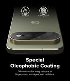 Pixel 11 Pro XL Camera Protector | Camera Full Cover Tempered Glass (2 Pack) - An olive green smartphone shown from the back on a black background, with a glossy black camera-ring area and marketing text reading 'Special Oleophobic Coating' and 'Oil-resistant for easy removal of fingerprints, smudges, and moisture.' Two icons at the top say 'True Touch' and 'Anti-Fingerprint.