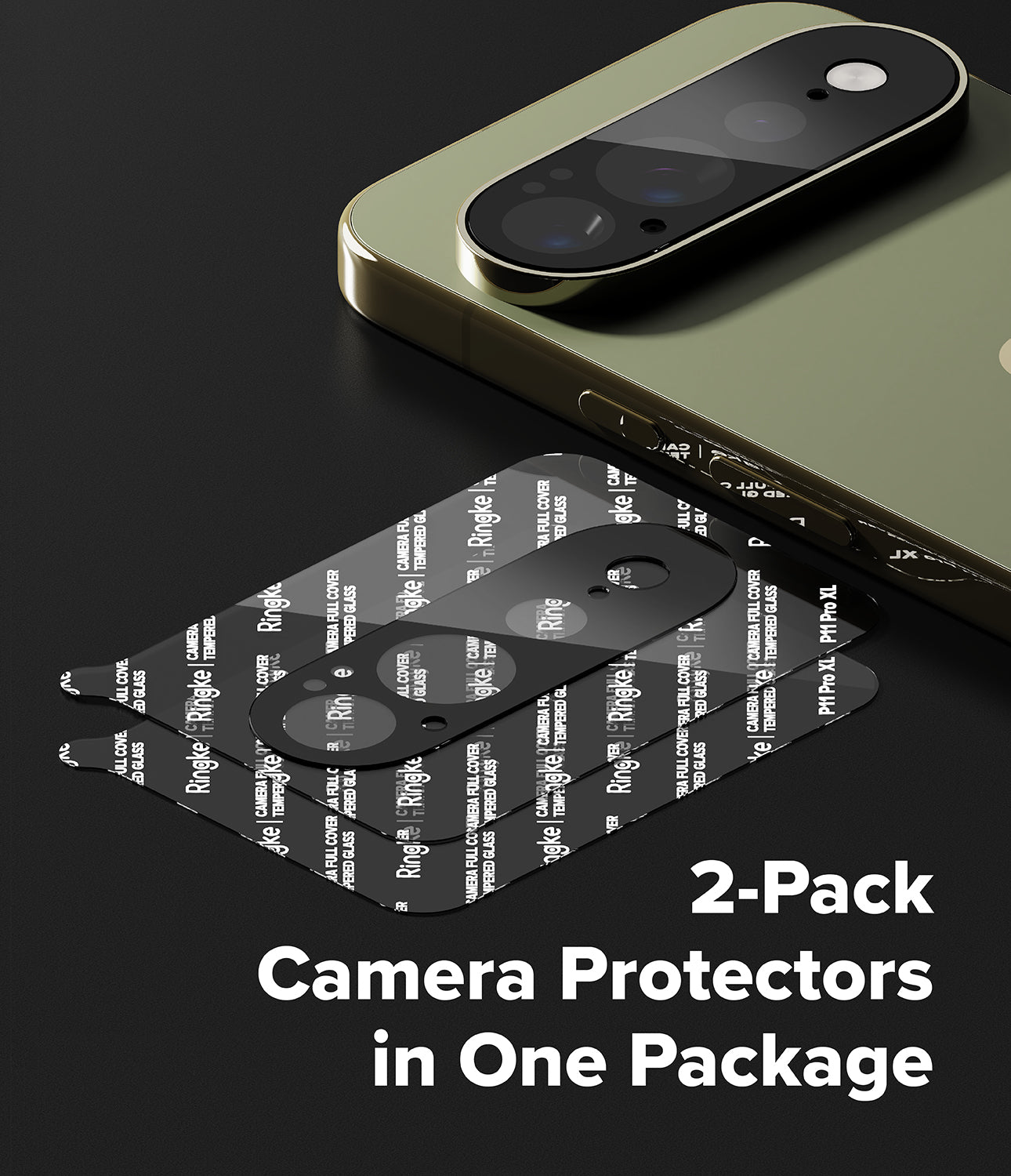 Pixel 11 Pro XL Camera Protector | Camera Full Cover Tempered Glass (2 Pack) - Two-pack of black camera lens protectors with white protective tape, displayed next to a gold smartphone on a dark background with the text '2-Pack Camera Protectors in One Package'.