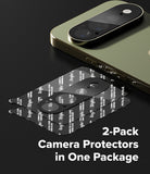 Pixel 11 Pro XL Camera Protector | Camera Full Cover Tempered Glass (2 Pack) - Two-pack of black camera lens protectors with white protective tape, displayed next to a gold smartphone on a dark background with the text '2-Pack Camera Protectors in One Package'.