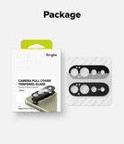 Pixel 11 Pro XL Camera Protector | Camera Full Cover Tempered Glass (2 Pack) - Ringke camera full cover tempered glass 2-pack shown with its retail box on a light gray background under the heading 'Package'. The box is white with a bright lime green tab and black text, and the two black lens protectors are displayed on a clear backing sheet.