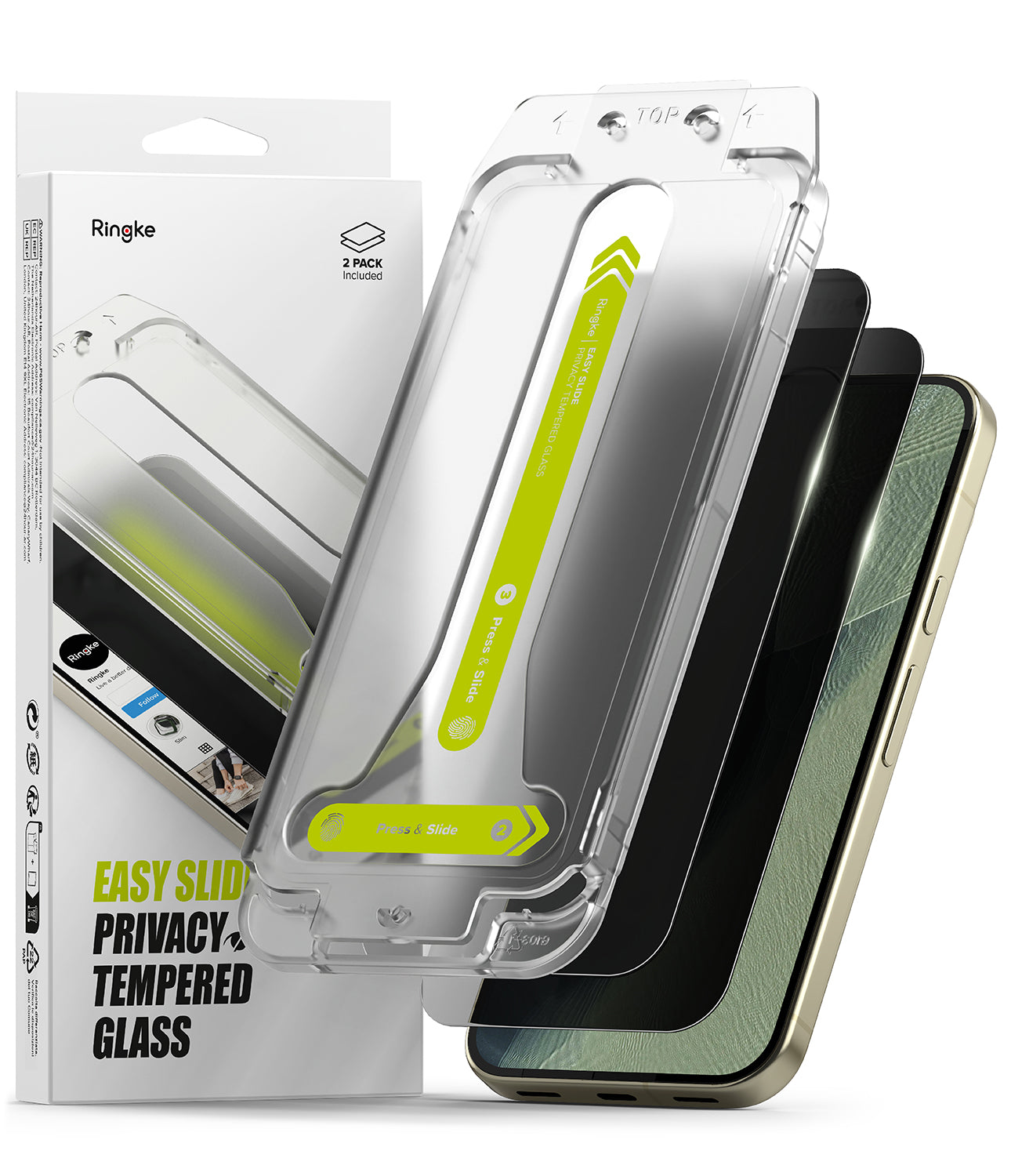 Pixel 11 Pro XL Screen Protector | Easy Slide Privacy Tempered Glass (2 Pack) - Ringke privacy tempered glass screen protectors shown in a clear case with two black phones behind them, alongside the product packaging box.
