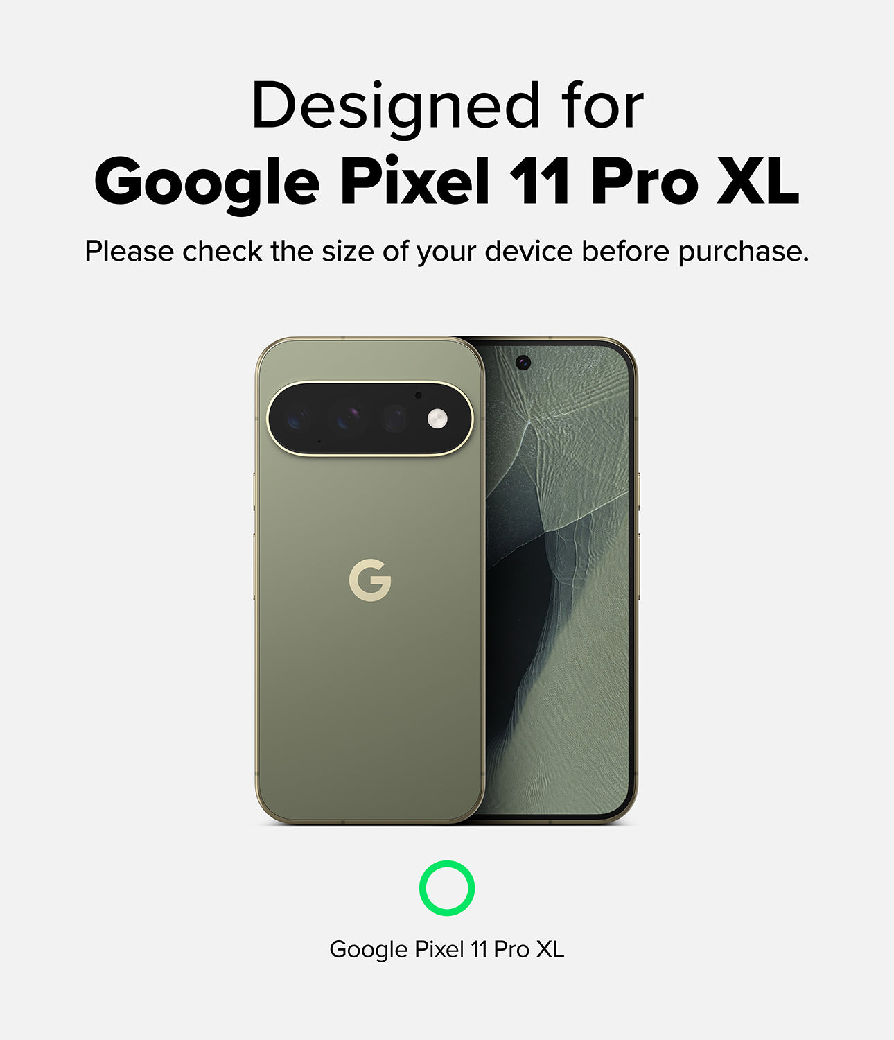 Pixel 11 Pro XL Screen Protector | Easy Slide Privacy Tempered Glass (2 Pack) - A Google Pixel 11 Pro XL smartphone shown from the back and front in an olive green color, with text stating 'Designed for Google Pixel 11 Pro XL' and a green ring icon below.