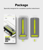 Pixel 11 Pro XL Screen Protector | Easy Slide Privacy Tempered Glass (2 Pack) - Ringke privacy tempered glass screen protector package set, featuring the retail box on the left and two protective film pieces on the right with bright yellow-green alignment guides, on a light gray background with the text 'Package' and 'Specially designed for complete & perfect attachment'.