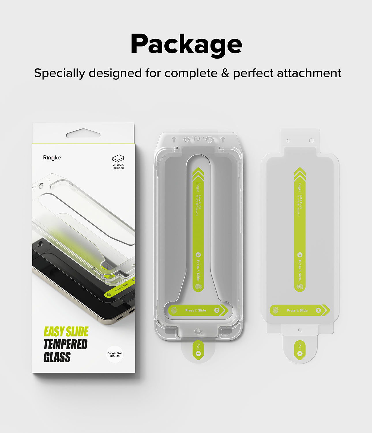 Pixel 11 Pro XL Screen Protector | Easy Slide Tempered Glass (2 Pack) - Ringlite tempered glass slide protector package and two clear protective film pieces with bright yellow-green alignment guides, shown on a light gray background with the headline 'Package' and the text 'Specially designed for complete & perfect attachment'.