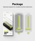 Pixel 11 Pro XL Screen Protector | Easy Slide Tempered Glass (2 Pack) - Ringlite tempered glass slide protector package and two clear protective film pieces with bright yellow-green alignment guides, shown on a light gray background with the headline 'Package' and the text 'Specially designed for complete & perfect attachment'.