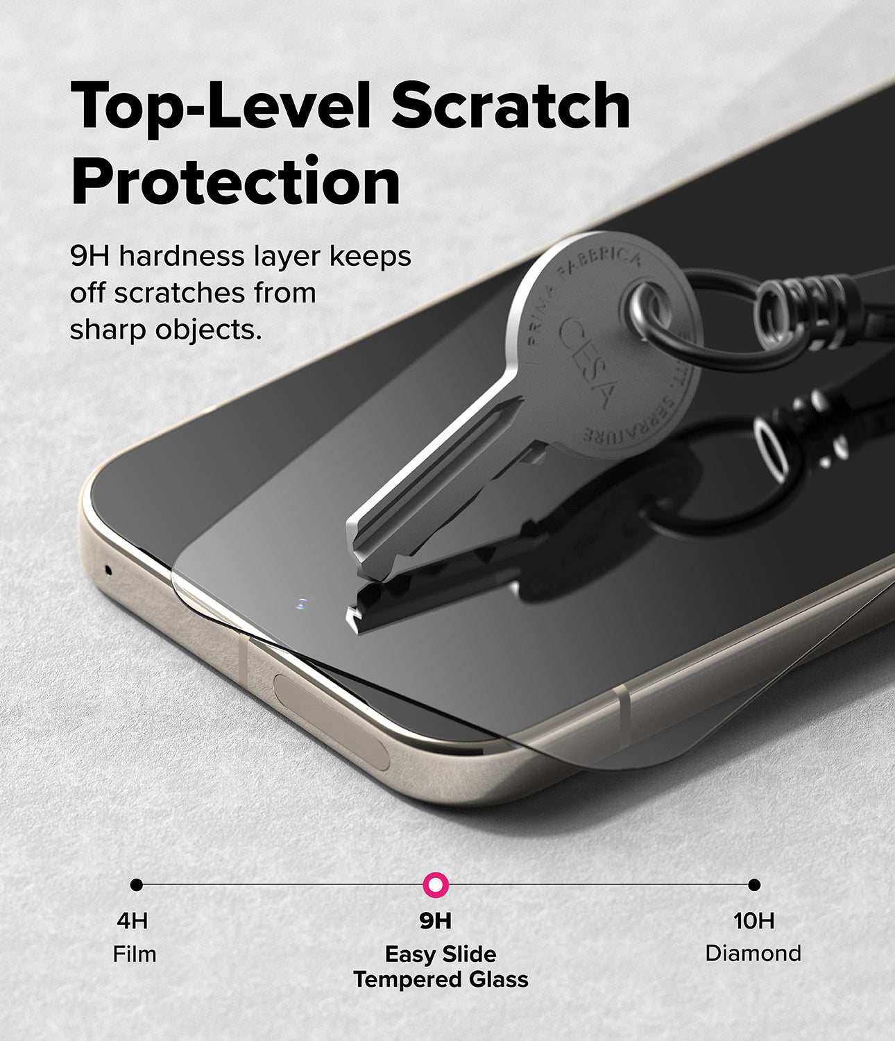 Pixel 11 Pro XL Screen Protector | Easy Slide Tempered Glass (2 Pack) - A smartphone with a clear tempered glass screen protector shown at an angle on a light gray surface, with a metal key resting on the screen to demonstrate scratch resistance. Large text reads 'Top-Level Scratch Protection' and smaller text explains the 9H hardness layer.