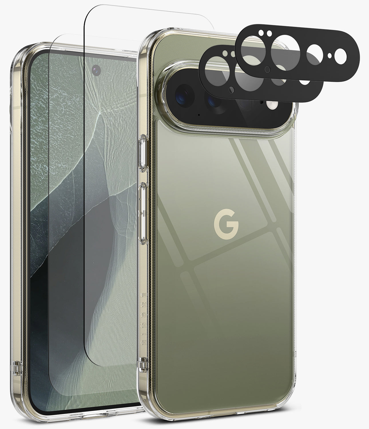 [Bundle] Google Pixel 11 Pro XL | Fusion + Screen & Camera Protectors - Clear protective phone case with a transparent screen protector and black camera lens protectors, shown on a smartphone with a green-gray back and a visible Google 'G' logo.
