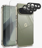 [Bundle] Google Pixel 11 Pro XL | Fusion + Screen & Camera Protectors - Clear protective phone case with a transparent screen protector and black camera lens protectors, shown on a smartphone with a green-gray back and a visible Google 'G' logo.