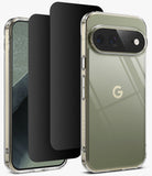 [Bundle] Google Pixel 11 Pro XL | Fusion + Privacy Protectors - A clear protective phone case with a metallic olive-green back panel and a raised camera cutout, shown alongside a black screen protector and a smartphone on a clean white background.