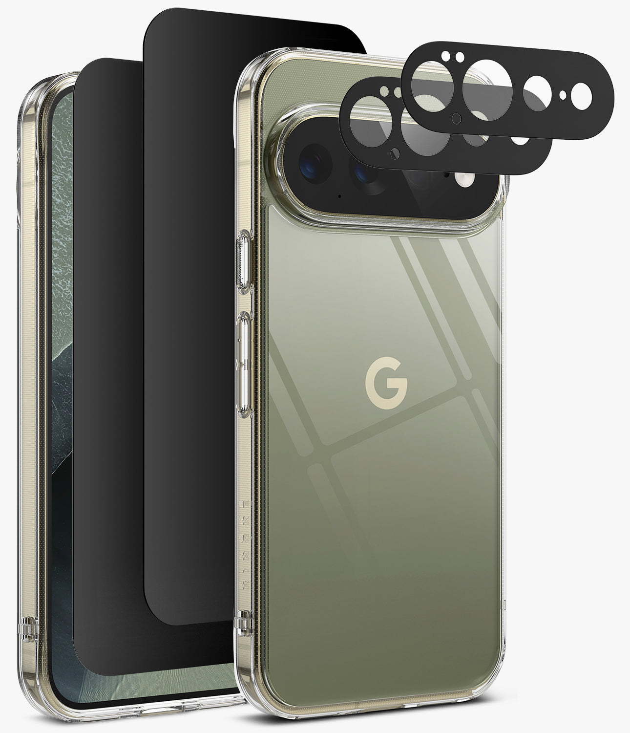 [Bundle] Google Pixel 11 Pro XL | Fusion + Privacy & Camera Protectors - A clear protective phone case with a metallic olive-green back panel, shown alongside black camera lens protectors and a matching black screen protector on a light gray background.