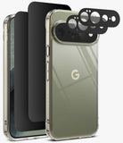 [Bundle] Google Pixel 11 Pro XL | Fusion + Privacy & Camera Protectors - A clear protective phone case with a metallic olive-green back panel, shown alongside black camera lens protectors and a matching black screen protector on a light gray background.