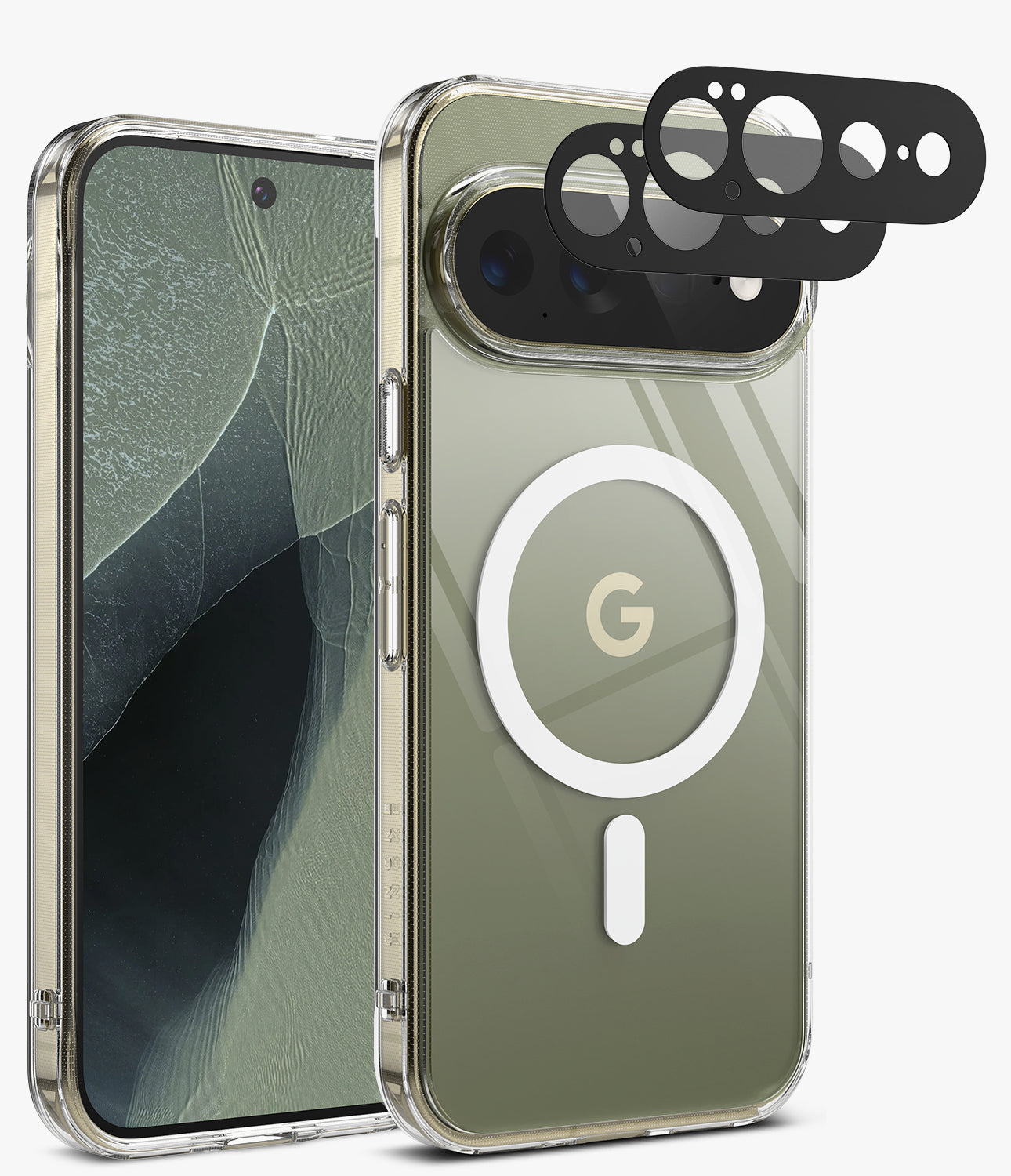 [Bundle] Google Pixel 11 Pro XL | Fusion Magnetic + Camera Protectors - A clear protective phone case shown on a smartphone, with the back view featuring a large white MagSafe-style ring and a gold 'G' logo. A second phone view showing the front is beside it, along with four black camera lens protectors floating above the rear case.