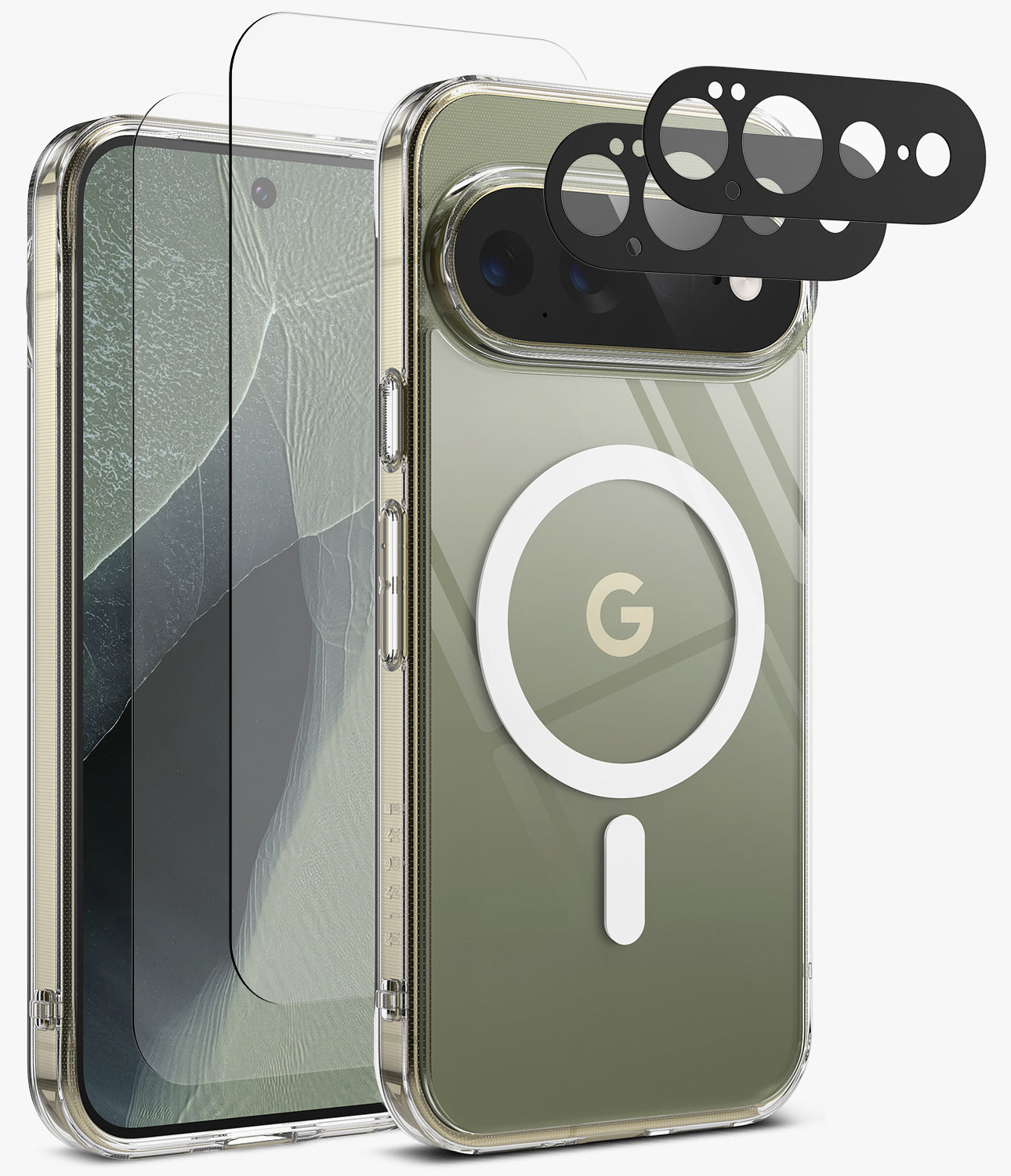 [Bundle] Google Pixel 11 Pro XL | Fusion Magnetic + Screen & Camera Protectors - A clear protective phone case shown on a smartphone, alongside a matching screen protector and black camera lens protectors, on a clean white background.