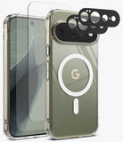 [Bundle] Google Pixel 11 Pro XL | Fusion Magnetic + Screen & Camera Protectors - A clear protective phone case shown on a smartphone, alongside a matching screen protector and black camera lens protectors, on a clean white background.