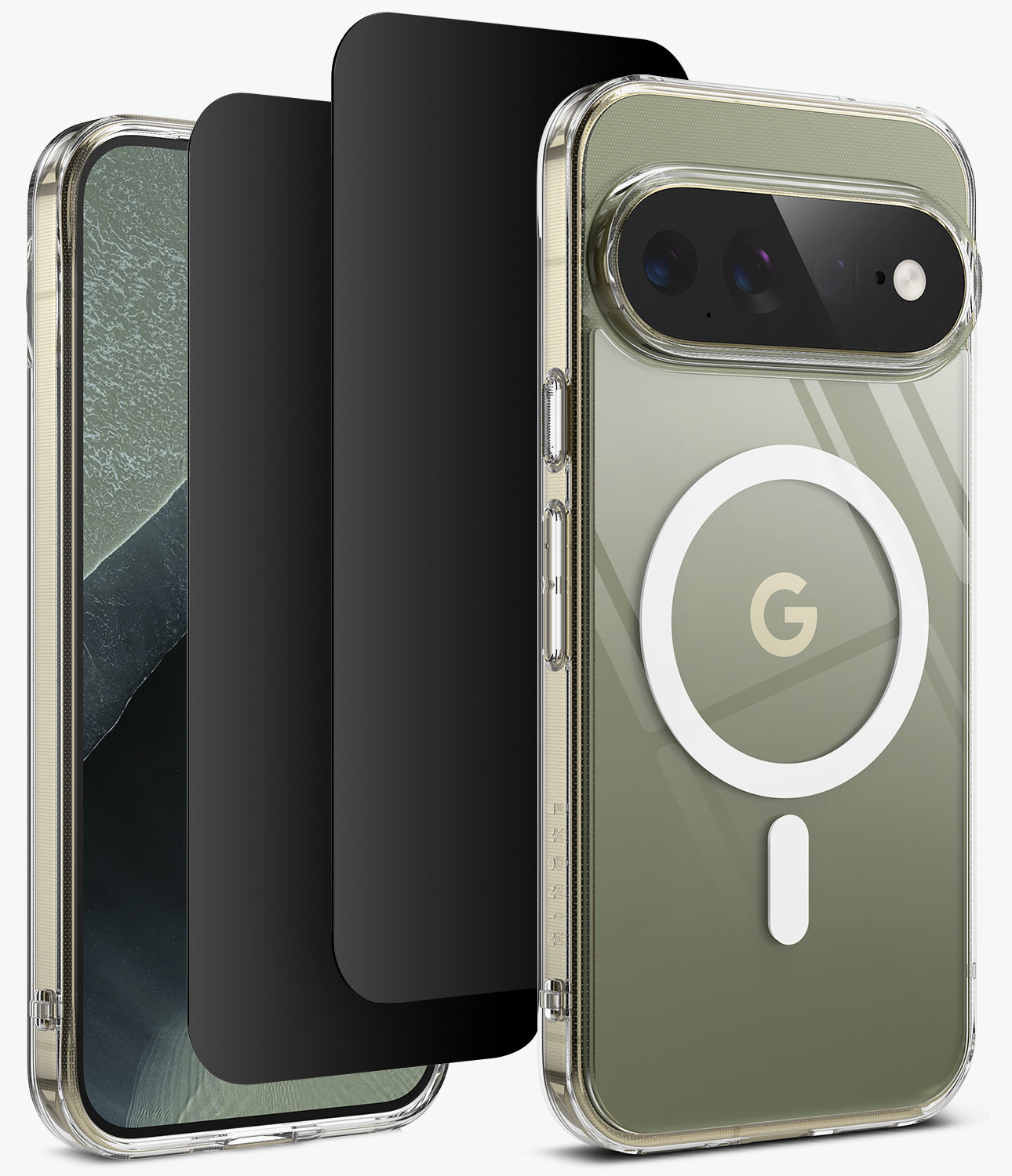 [Bundle] Google Pixel 11 Pro XL | Fusion Magnetic + Privacy Protectors - A clear protective phone case with a white MagSafe ring and a Google 'G' logo on the back, shown on a smartphone. Two black screen protectors are displayed next to it against a clean white background.