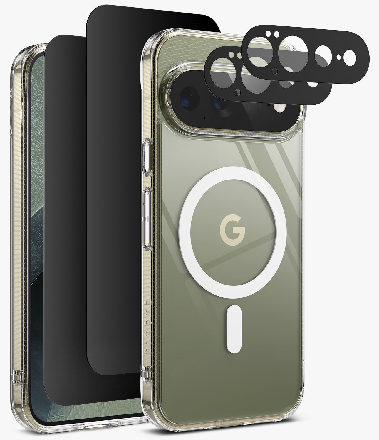 [Bundle] Google Pixel 11 Pro XL | Fusion Magnetic + Privacy & Camera Protectors - A clear protective phone case with a white MagSafe ring and a gold-toned Google 'G' logo, shown alongside black camera lens protectors and a black screen protector on a light gray background.