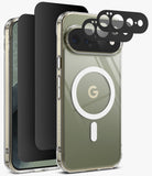 [Bundle] Google Pixel 11 Pro XL | Fusion Magnetic + Privacy & Camera Protectors - A clear protective phone case with a white MagSafe ring and a gold-toned Google 'G' logo, shown alongside black camera lens protectors and a black screen protector on a light gray background.