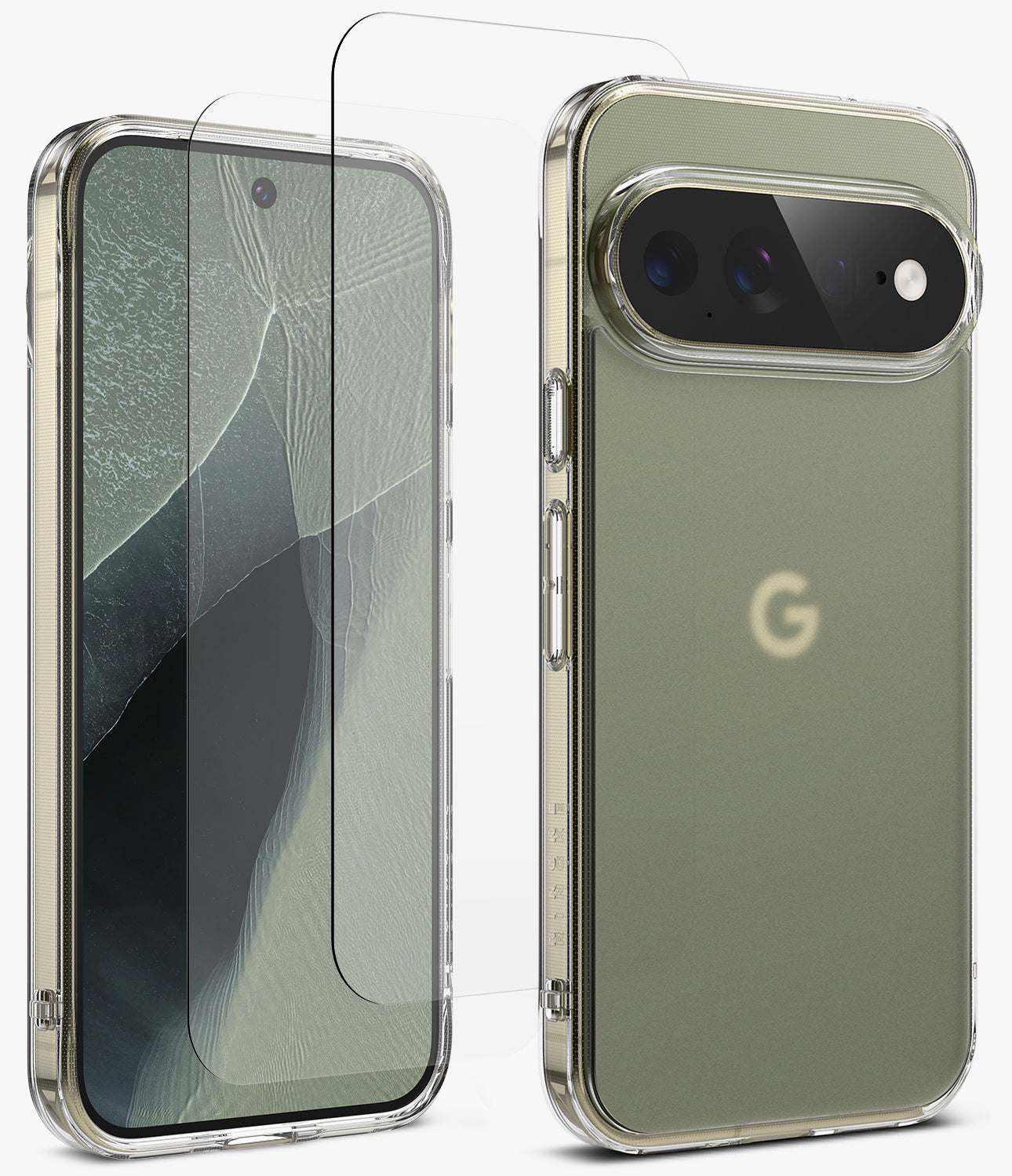 [Bundle] Google Pixel 11 Pro XL | Fusion Matte + Screen Protectors - A clear protective phone case shown on a smartphone from the back and side, with a matching transparent screen protector displayed in front of the front camera area. The phone has an olive green back panel and a visible Google 'G' logo.