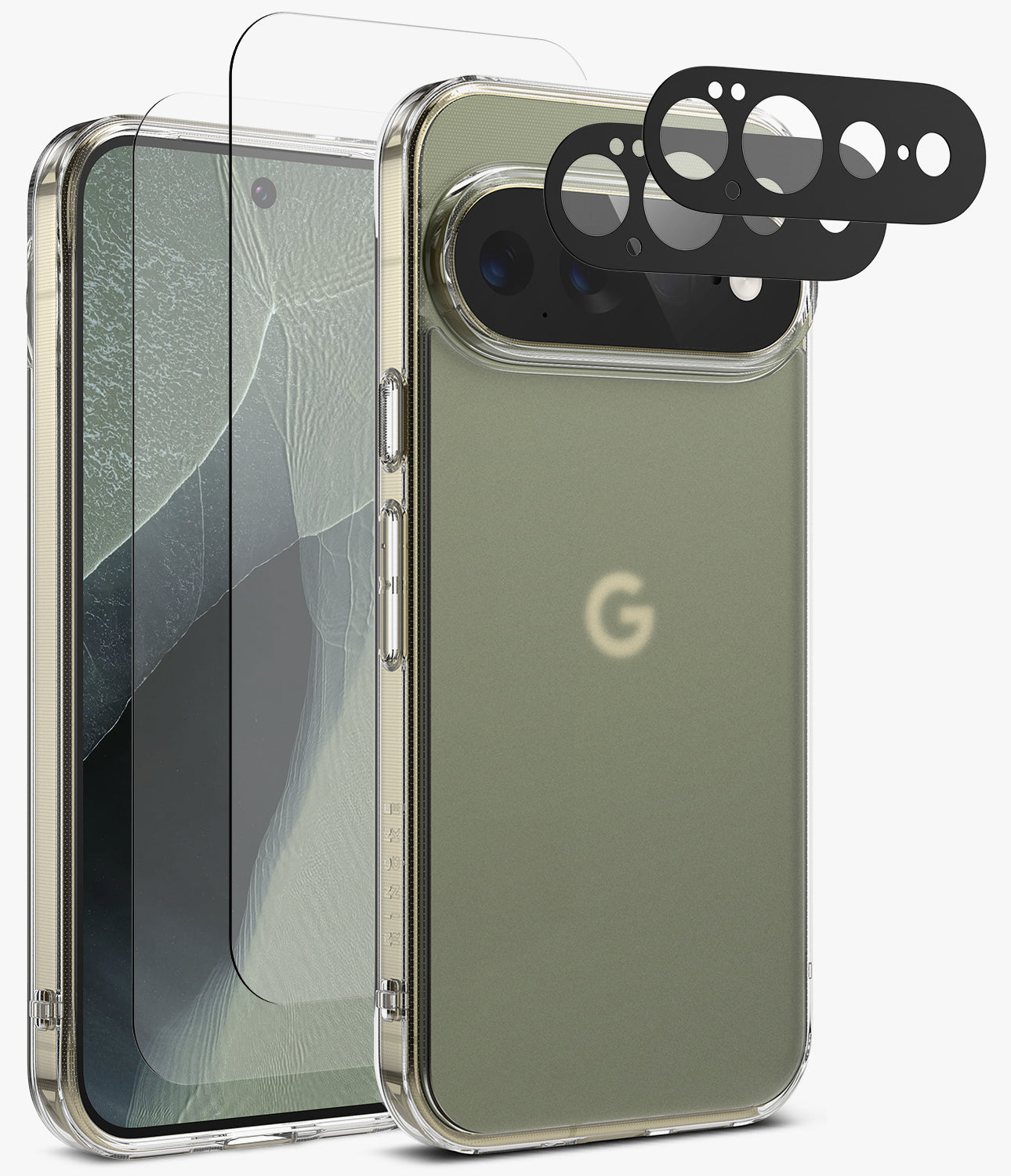 [Bundle] Google Pixel 11 Pro XL | Fusion Matte + Screen & Camera Protectors - A clear protective phone case with a metallic silver bumper frame, shown alongside a matching clear screen protector and three black camera lens protectors, set against a clean white background.
