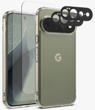 [Bundle] Google Pixel 11 Pro XL | Fusion Matte + Screen & Camera Protectors - A clear protective phone case with a metallic silver bumper frame, shown alongside a matching clear screen protector and three black camera lens protectors, set against a clean white background.