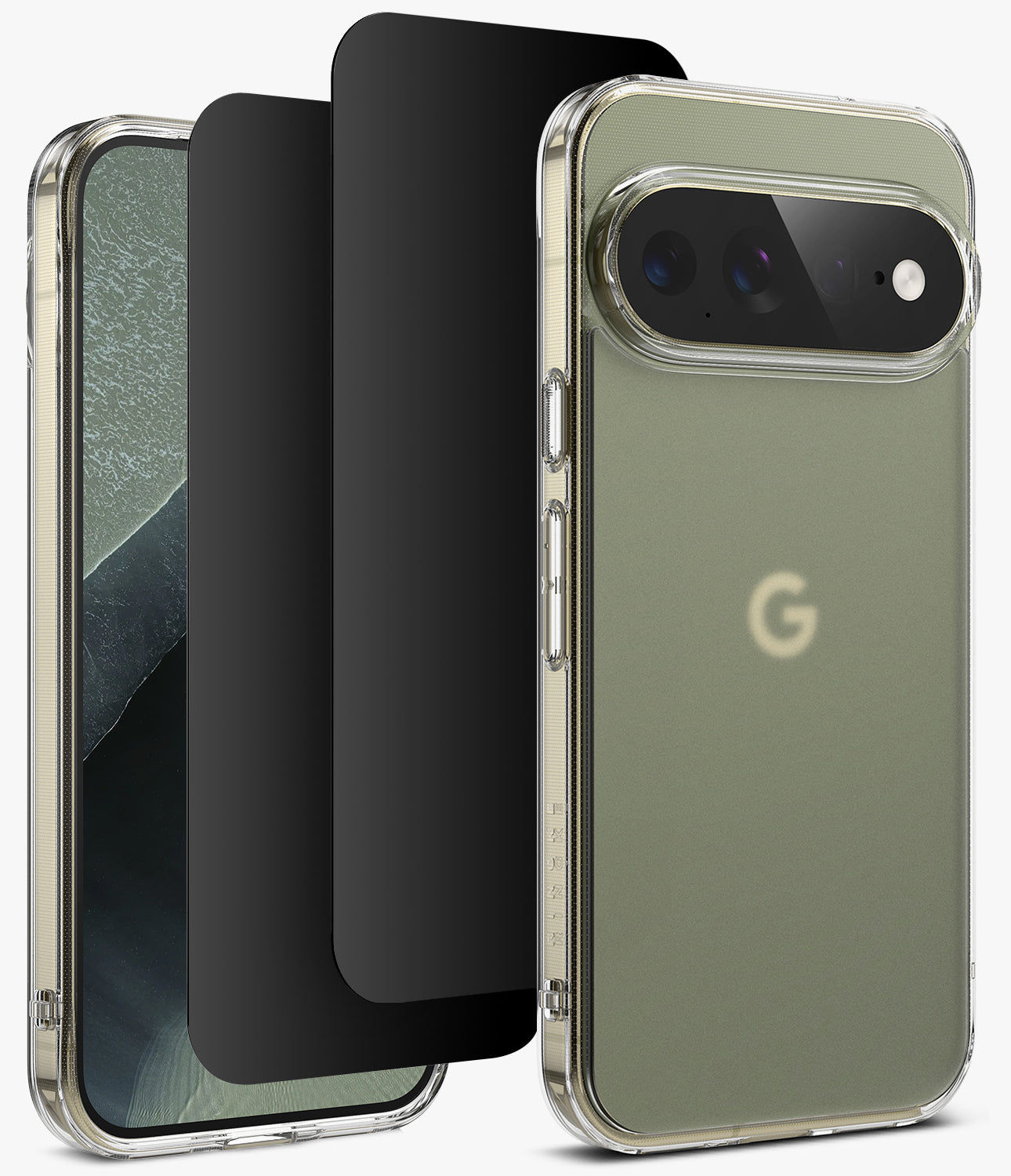 [Bundle] Google Pixel 11 Pro XL | Fusion Matte + Privacy Protectors - A clear protective phone case with a raised camera bumper shown on a smartphone, alongside two black screen protectors, on a clean white background.