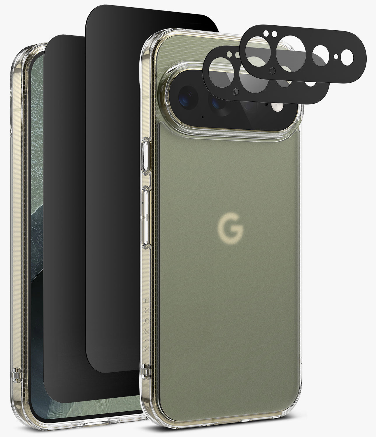 [Bundle] Google Pixel 11 Pro XL | Fusion Matte + Privacy & Camera Protectors - A clear protective phone case with a metallic silver bumper frame shown on a smartphone, alongside black camera lens protectors and a matching black phone screen protector, on a light gray background.