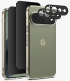 [Bundle] Google Pixel 11 Pro XL | Fusion Matte + Privacy & Camera Protectors - A clear protective phone case with a metallic silver bumper frame shown on a smartphone, alongside black camera lens protectors and a matching black phone screen protector, on a light gray background.