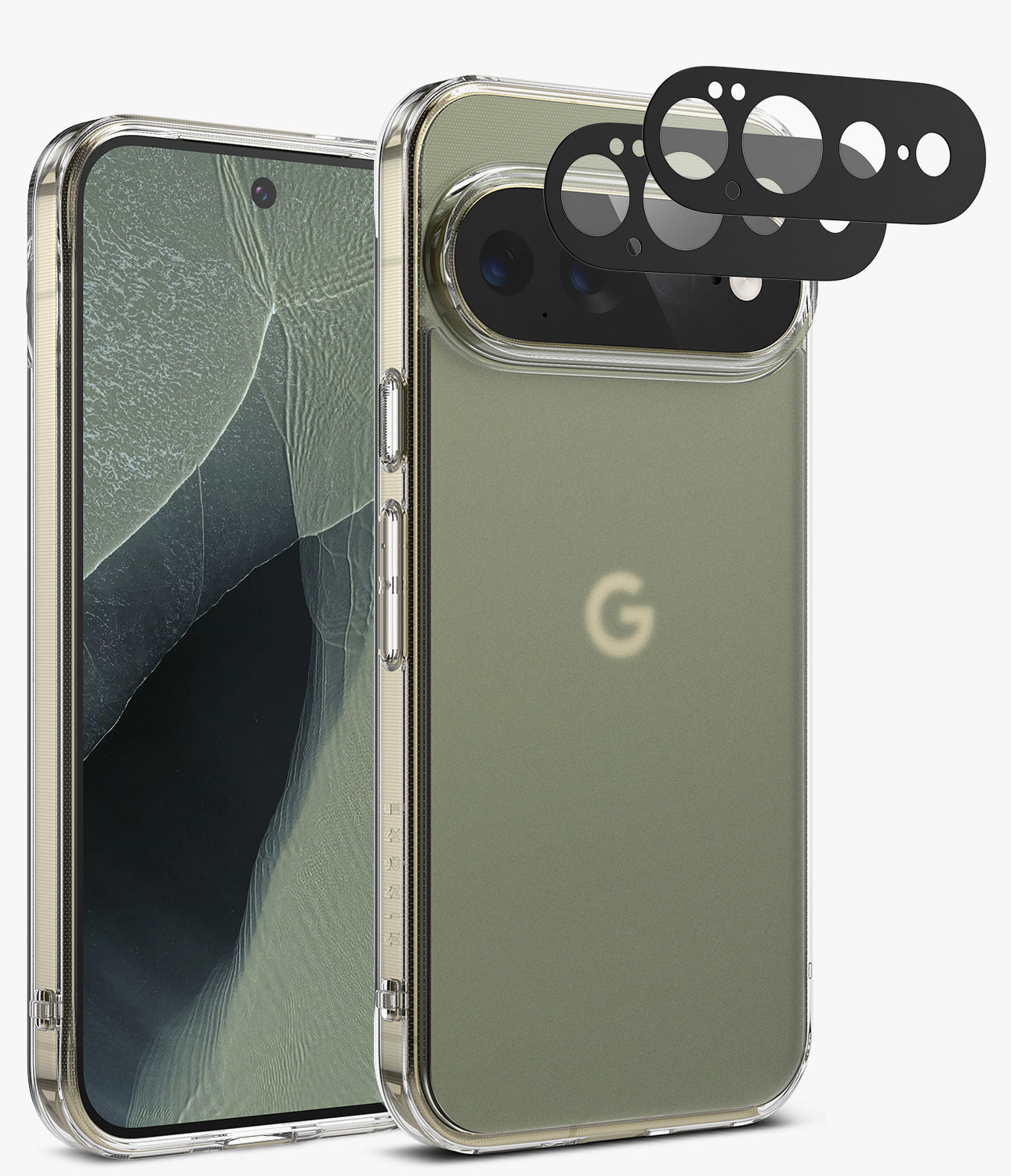 [Bundle] Google Pixel 11 Pro XL | Fusion Matte + Camera Protectors - A clear protective phone case shown on a smartphone from the front and back, with three black circular camera lens protectors floating above the rear camera area. The phone back is a muted sage green with a faint Google 'G' logo visible through the case.
