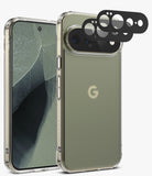 [Bundle] Google Pixel 11 Pro XL | Fusion Matte + Camera Protectors - A clear protective phone case shown on a smartphone from the front and back, with three black circular camera lens protectors floating above the rear camera area. The phone back is a muted sage green with a faint Google 'G' logo visible through the case.