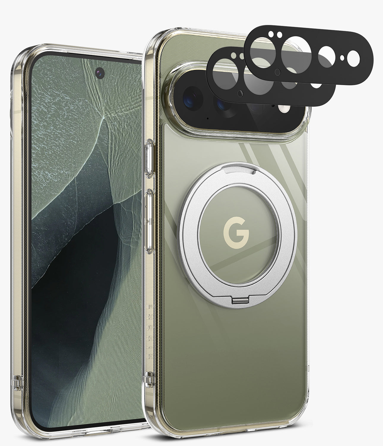 [Bundle] Google Pixel 11 Pro XL | Fusion Ring + Camera Protectors - A clear protective phone case with a metallic olive-green back panel, a circular silver MagSafe ring, and a black camera lens protector overlay, shown alongside a smartphone on a light gray background.