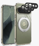 [Bundle] Google Pixel 11 Pro XL | Fusion Ring + Camera Protectors - A clear protective phone case with a metallic olive-green back panel, a circular silver MagSafe ring, and a black camera lens protector overlay, shown alongside a smartphone on a light gray background.