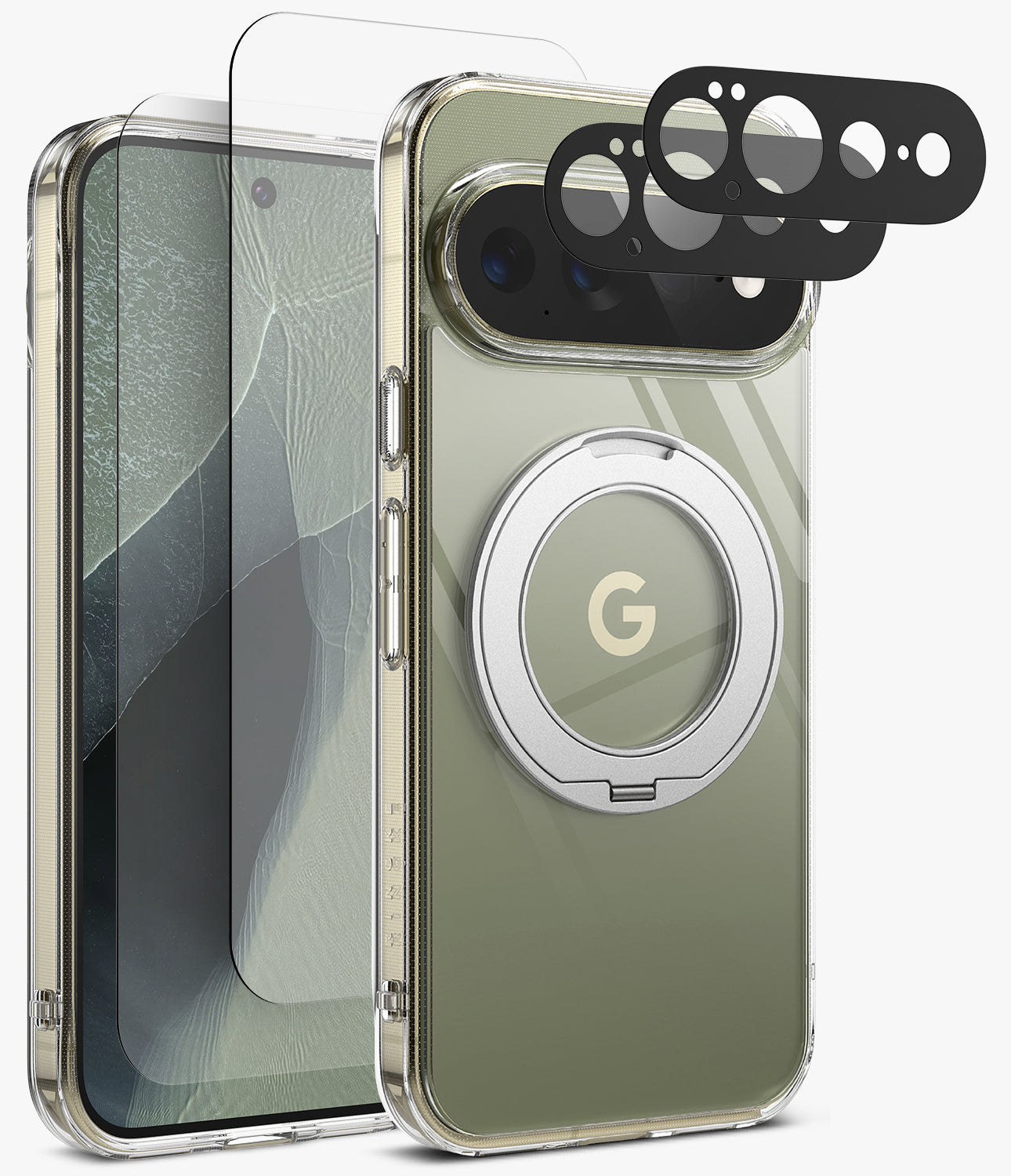 [Bundle] Google Pixel 11 Pro XL | Fusion Ring + Screen & Camera Protectors - A clear protective phone case with a metallic olive-green back panel, a circular silver MagSafe ring, and a transparent screen protector shown alongside. Black camera lens protectors are floating above the phone.