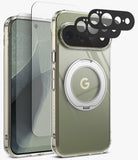 [Bundle] Google Pixel 11 Pro XL | Fusion Ring + Screen & Camera Protectors - A clear protective phone case with a metallic olive-green back panel, a circular silver MagSafe ring, and a transparent screen protector shown alongside. Black camera lens protectors are floating above the phone.