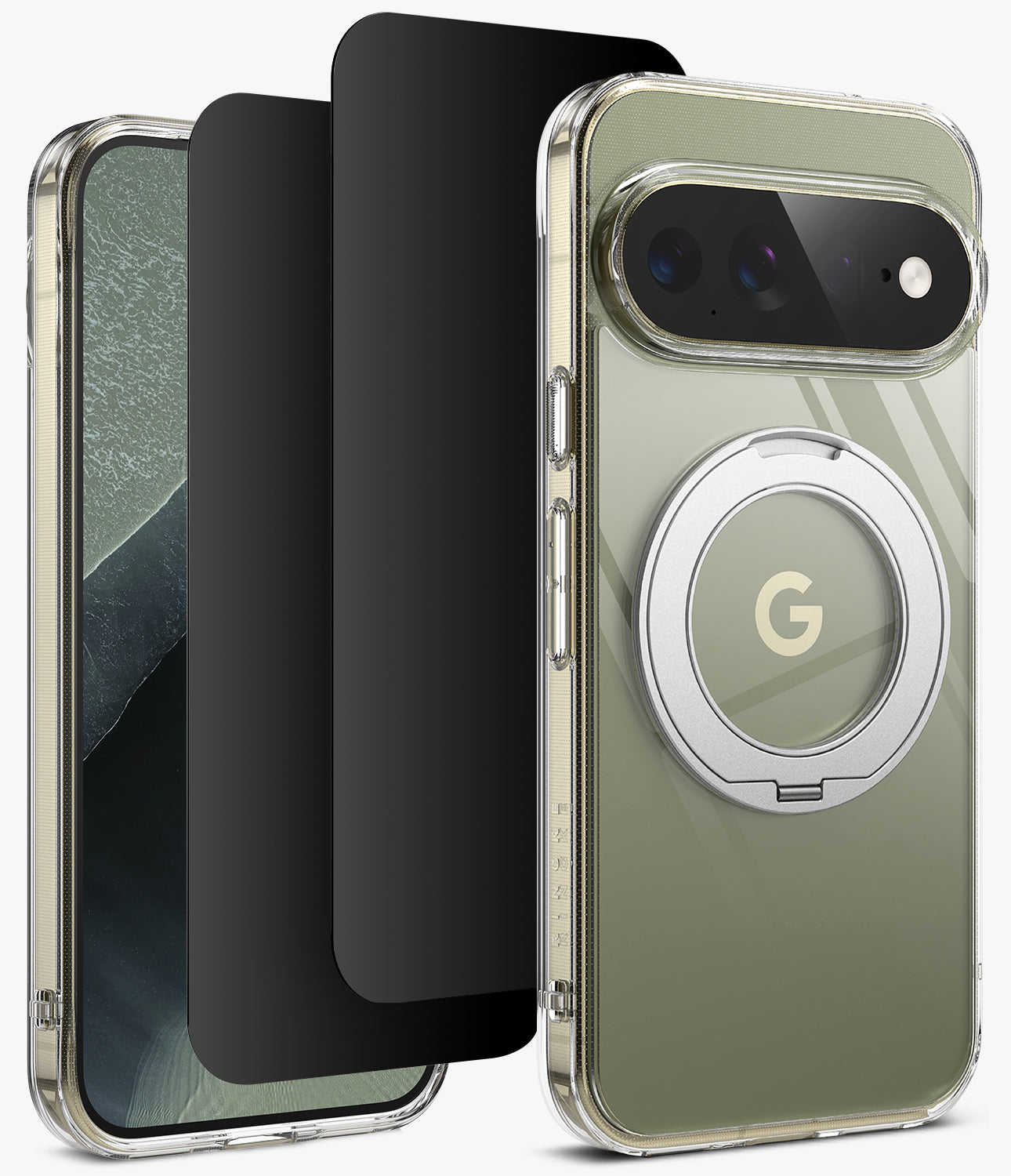 [Bundle] Google Pixel 11 Pro XL | Fusion Ring + Privacy Protectors - A clear protective phone case with a built-in metallic silver ring stand, shown on a smartphone from the back. Two black screen protectors are displayed alongside the phone against a clean white background.