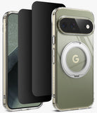 [Bundle] Google Pixel 11 Pro XL | Fusion Ring + Privacy Protectors - A clear protective phone case with a built-in metallic silver ring stand, shown on a smartphone from the back. Two black screen protectors are displayed alongside the phone against a clean white background.