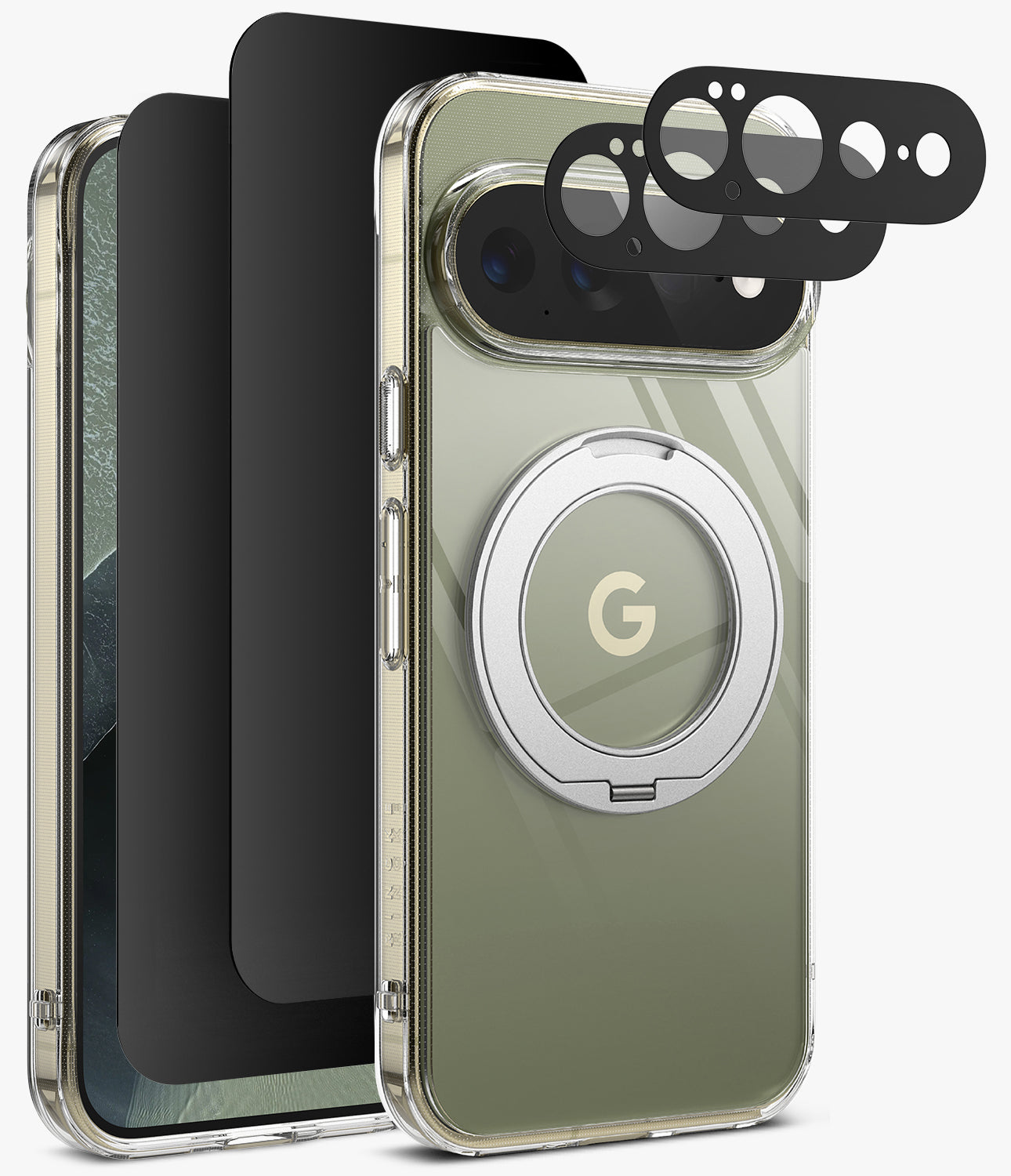 [Bundle] Google Pixel 11 Pro XL | Fusion Ring + Privacy & Camera Protectors - A clear protective phone case with a metallic olive-green back panel, a circular MagSafe-compatible ring, and a black camera lens protector, shown alongside matching black screen protectors on a white background.